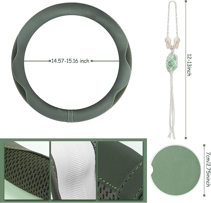 4 Car Accessory Set, Steering Wheel Cover, Ceramic Coasters, Daisy Flower Clip Air Freshener, Crystal Hanging Ornament for Women(Sage Green)