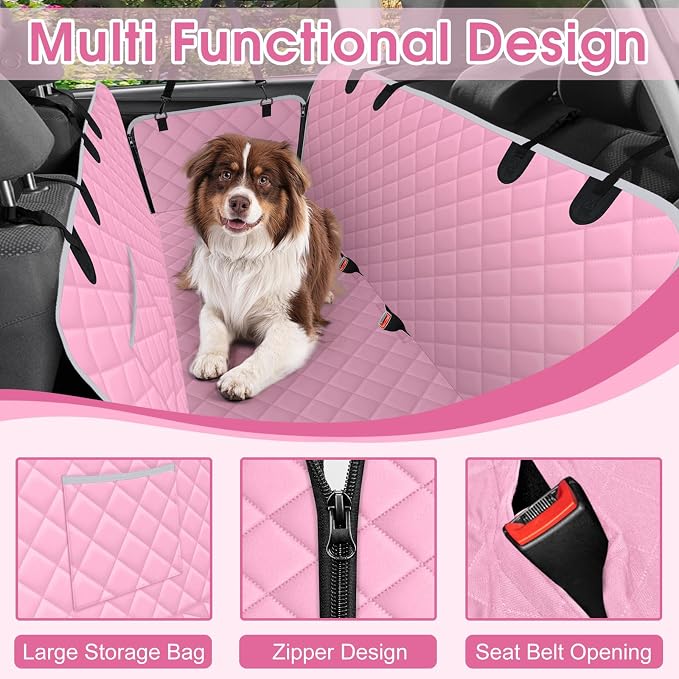 Waterproof Dog Car Seat Cover for Back Seat, Pet Hammock-S, Pink/Grey | Durable waterproof hammock with nonslip design & storage pockets. Protects seats from scratches, fits cars, SUVs & trucks.