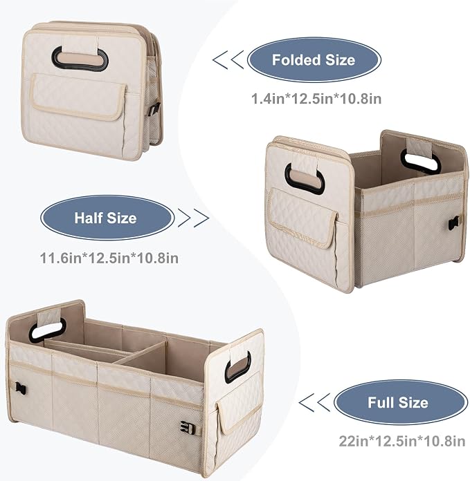 Car Trunk Organizer for SUV, Car Storage Organizer Collapsible Multi Compartment Container Box Adjustable Car Accessories for Women Men, Beige