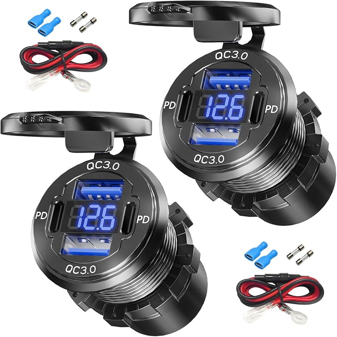 2PCS, Dual PD USB C Ports & Dual Quick Charge 3.0 Ports Car Charger Socket, Aluminum Alloy Waterproof 12V USB Outlet, Accessories for Car Boat Marine Motorcycle RV ATV Truck Golf Cart