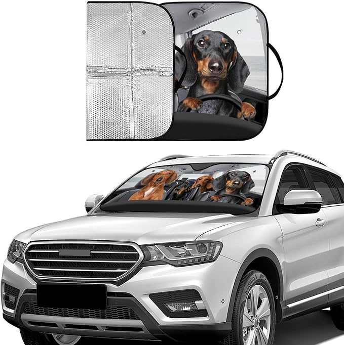 4 Dogs Foldable Windshield Snow Cover, Reflective Accordion Car Windshield Snow Cover, Sun Visor for Car Windshield, Ultimate Heat & UV Protection, Suitable for Most Cars, 54" L x 27.6" W