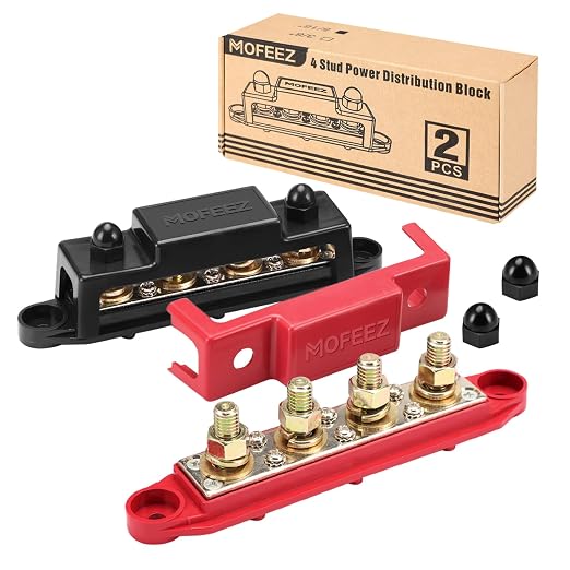 Power Distribution Block Bus Bar, 4 x 3/8" Posts, 6 x #8 Screws Terminals, Max 48V 250A (Pair, Red & Black)