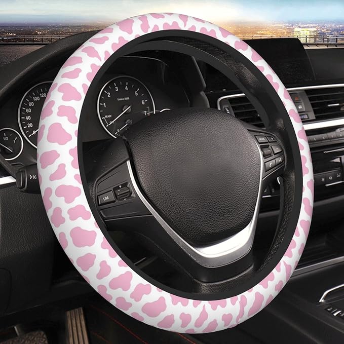 Pink Cow Steering Wheel Cover Anti-Slip and Practical 14.5-15 Inch Universal Car Steering Wheel Cover with 2 Pieces Car Coasters Suitable for Men Women