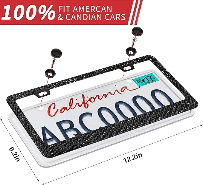Bling License Plate Frame for Women, 1PCS Sparkly License Plate Frames| Over 1200 pcs 14 Facets Bedazzled Clear Glass Diamond Rhinestone Crystals w/Free Glitter Diamond Box (Black)
