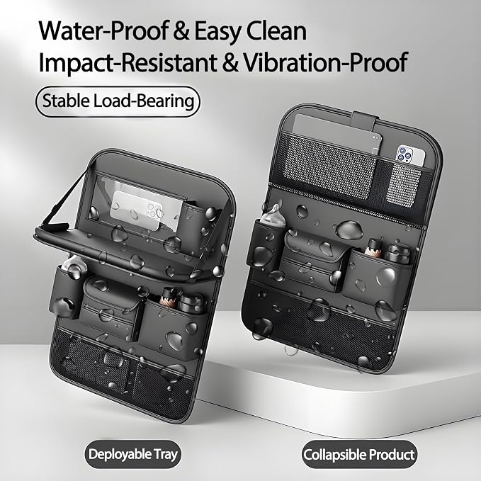 Universal Foldable Car Backseat Organizer with Table Tray, Car Seat Back Protector with Touch Screen Phone Holder, Premium Leather Kick Mats with Storage Pockets Tissue Holder (Black)