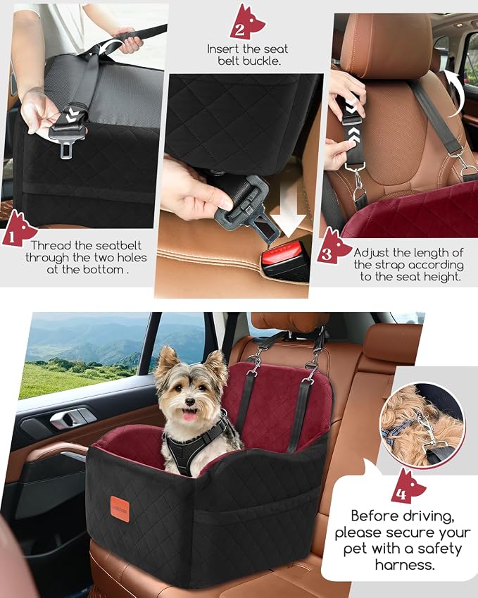 Dog Booster Car Seat for Small/Medium Dogs,Puppy Portable Car Bed with Elevated Cushion,Fully Detachable and Washable,2 Storage Pockets,Easy to Install (Blakc/Red, Medium)