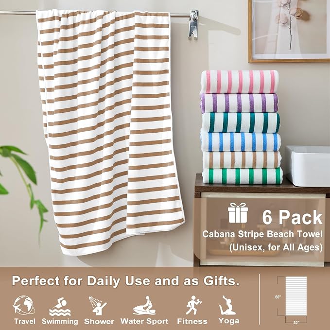 Microfiber Beach Towels, 6 Pack, 30" x 60", Cabana Stripe Coffee | Hanging Loop, Absorbent, Quick Dry, For Adults, Travel, Summer Party, Sport, Swimming, Pool, Yoga, Camping