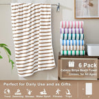 Microfiber Beach Towels, 6 Pack, 30" x 60", Cabana Stripe Coffee | Hanging Loop, Absorbent, Quick Dry, For Adults, Travel, Summer Party, Sport, Swimming, Pool, Yoga, Camping