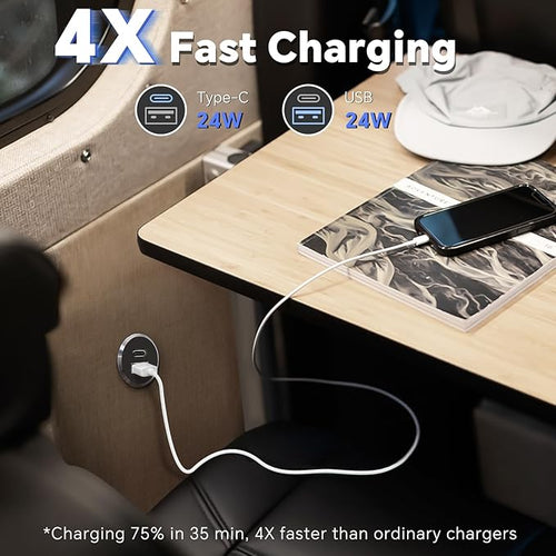 12V USB Outlet All-Aluminum QC 3.0 USB-A & USB-C PD3.0 Dual Fast Car Charger Socket, Recessed Mount Car USB Port for Car Truck Boat RV Camper Van Trailer (Small Version)