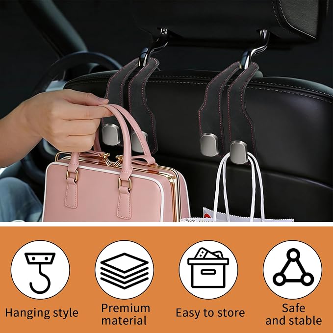 4 Pack Car Seat Headrest Hooks for Purses and Bags, Car Purse Holder With Double Metal Hooks, Headrest Back Seat Handbags Hook, Universal Car Purse Hanger, Cute Car Hanging Accessories, Black
