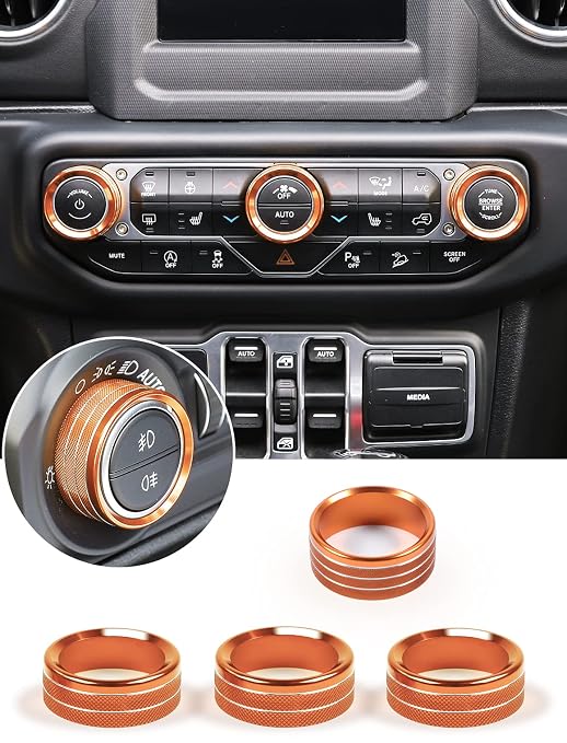 HVAC Climate Control Panel Knob Trim Kit & Light Control Switch Cover, Air Conditioner Knob Aluminum Alloy Ring for 2018-2025 Jeep Wrangler JL JLU & Gladiator JT, Interior Accessories,Orange