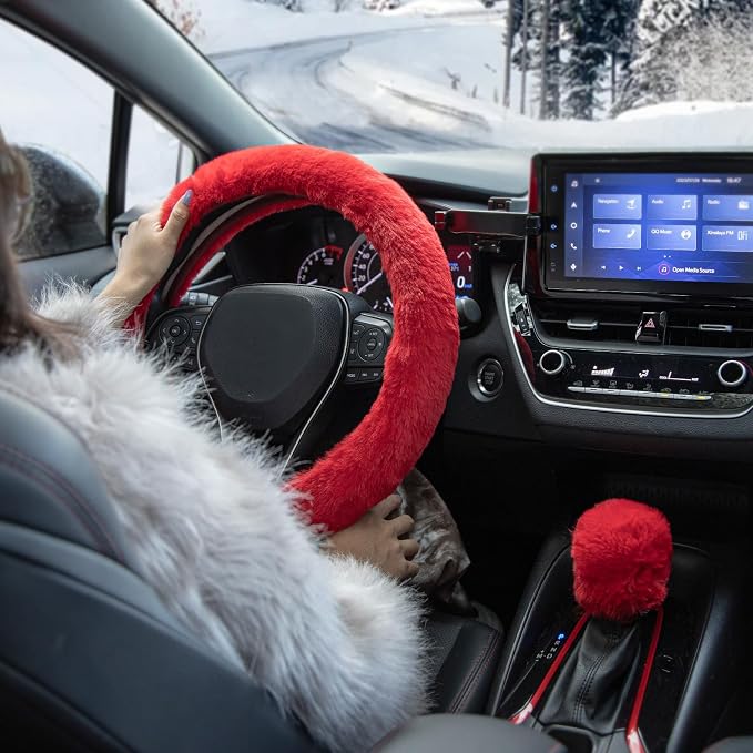 Furry Car Steering Wheel Cover with Fluffy Gear Shift Cover Soft Warm Non-Slip Car Decoration for Women Girls 2 PCS Set, Red