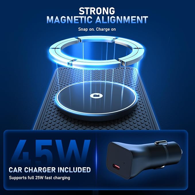 25W Magnetic Wireless Car Charger Pad, for MagSafe Car Charger with 45W USB-C Car Charger, Anti-Slip Wireless Charging Pad for Car Compatible with iPhone 17 16 15 14 13 12 (30CM Cable)