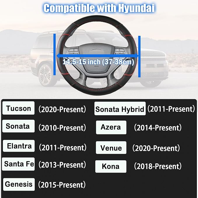 Auto Car Steering Wheel Cover for Hyundai,Tucson,Sonata,Elantra,Santa Fe,Genesis,Sonata Hybrid,Azera,Venue,Kona, 14.5-15 inches(Red-Standard Size)