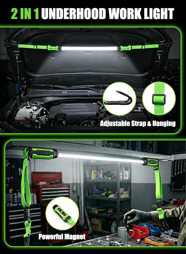 Foldable Underhood Work Light, 1500LM Ultra-Bright LED Mechanics Light Bar, 8000mAh Rechargeable Maintenance Light with Magnet & Hooks, Dual Color Temp, IP54 Waterproof for Car Repair, Garage, Green