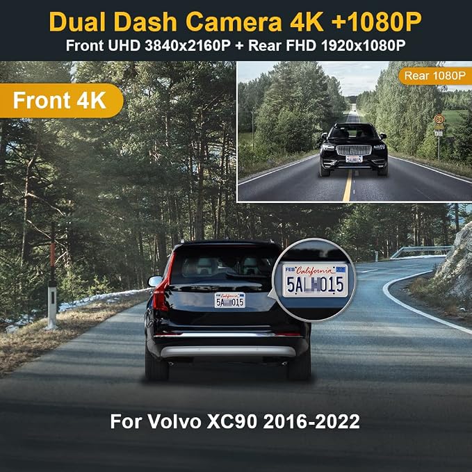 Front 4K+Rear 1080P Dash Cam Adapts for Volvo XC90 2016-2022 T5 T6 T8 (Model A), Integrated OEM Look, Dual HD Video, Loop Recording, Built-in WiFi & APP, G-Sensor, Easy to Set, 128GB Card