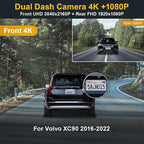 Front 4K+Rear 1080P Dash Cam Adapts for Volvo XC90 2016-2022 T5 T6 T8 (Model A), Integrated OEM Look, Dual HD Video, Loop Recording, Built-in WiFi & APP, G-Sensor, Easy to Set, 128GB Card