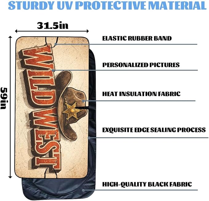 Western Cowboy Car Windshield Sunshades Wild West Sheriff Hat Vintage Front Window Sun Shade Blocks UV Rays Sun Visor Protector for Car Sedan Truck SUV Accessories 59" L x 31.5" W