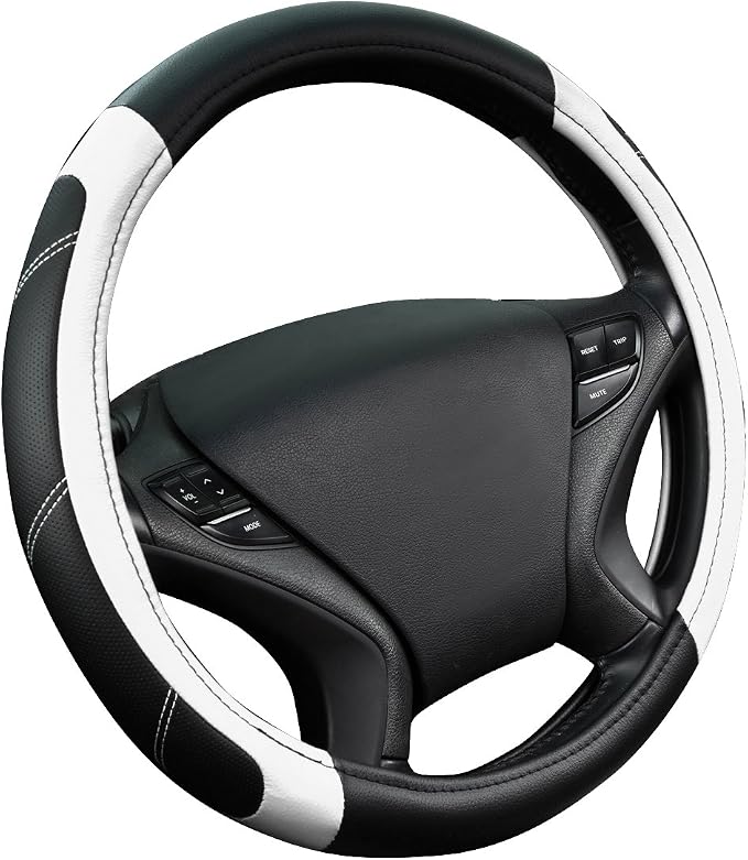 Line Rider Microfiber Leather Sporty Steering Wheel Cover Universal Fits for 95% Truck,SUV,Cars,14.5-15inch Anti-Slip Safety Comfortable Desgin (Black-White)
