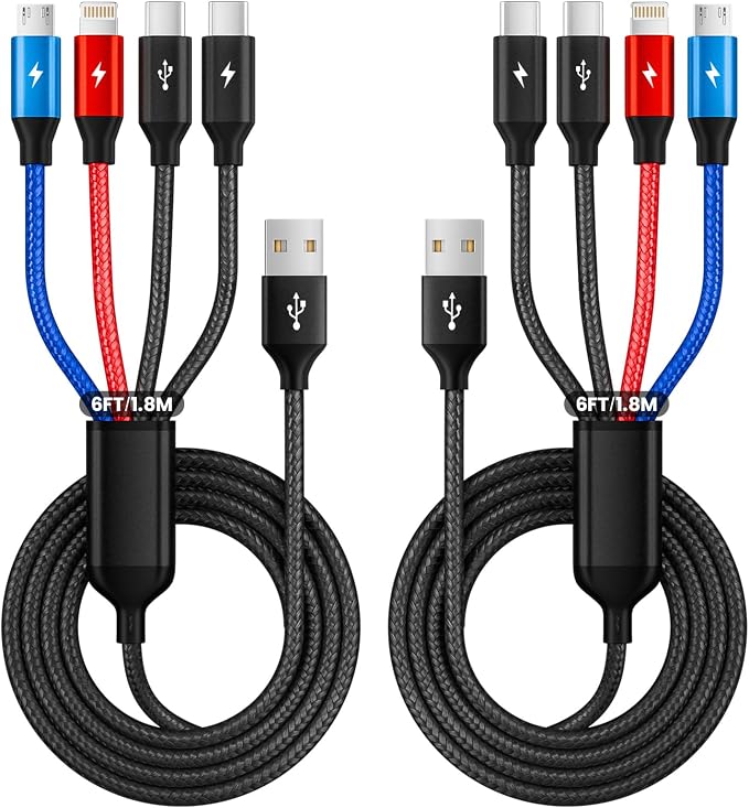 2Packs 6FT Dual Type-C 4 in 1 Multi Charging Cable for Multiple Devices with 2 USB-C/IP/Micro Port, USB Cable iPhone Charger Cord, Travel Car Accessories for iPhone17-8, Galaxy 25 Android iPad, More