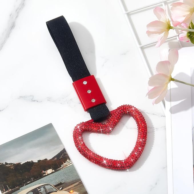 Bling Car Accessories Bling Heart Handle Ring Car Accessory for Women Hand Strap Drift Charm Rear Bumper Warning Ring Decor for Auto Bus Interior Exterior Decoration (Red, Heart Style)