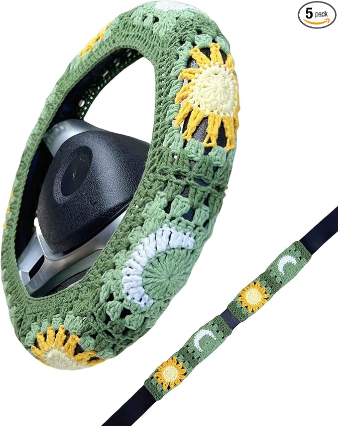 Handmade Crochet Green Moon and Sun Car Steering Wheel Covers Universal 14-15 inch for Women and Men (Steer Wheel Cover+ 2 Belt Cover)
