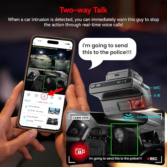 4G LTE Dash Cam with Live-Streaming, Anti-Theft Car Security Camera, Instant Alert via App, Cloud & SD Storage, 2K+1080P Front Inside, No Screen, IR Night Vision, 24/7 Parking Mode, GPS, OBD