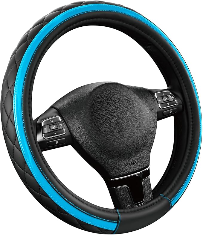 Leather Steering Wheel Cover – Black & Blue, Universal Fit 14.5-15 Inch, Microfiber Leather, Anti-Slip & Breathable Design for Men and Women
