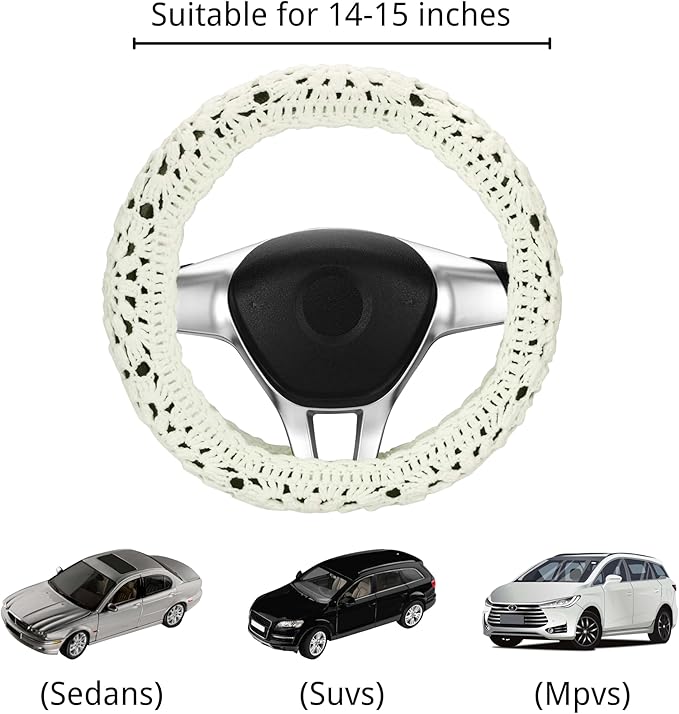 Crochet Steering Wheel Cover Set,Cute Car Steering Wheel Cover Boho 14-15 in,Handmade Sunflower Granny Square Pattern,Women Car Accessories (Wheel Cover Set)