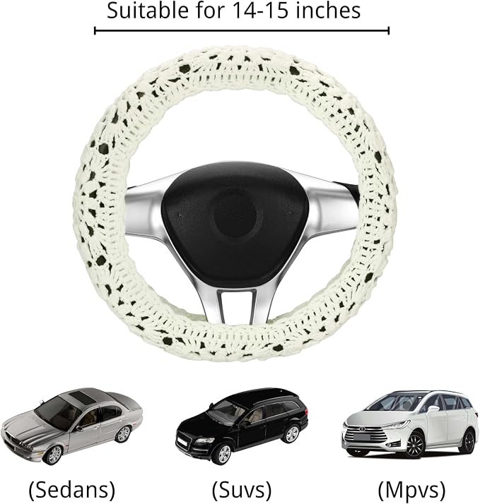 Crochet Steering Wheel Cover Set,Cute Car Steering Wheel Cover Boho 14-15in,Handmade Sunflower Granny Square Pattern,Women Car Accessories (A Wheel Cover)