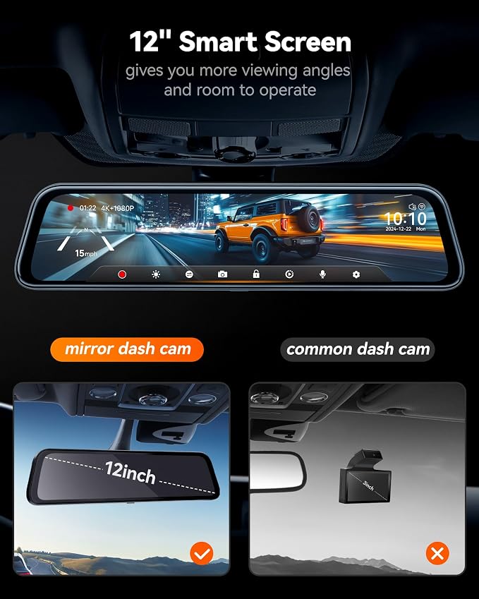 G840S 12" 4K Mirror Dash Cam Backup Camera, 5.8GHz WiFi Smart Rearview Mirror for Cars & Trucks, Front and Rear View Dual Cameras, Night Vision, Parking Assistance, Included 32GB Card & GPS