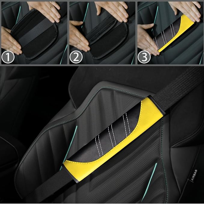 6 Pcs Yellow Car Accessories Set, Sport Leather Steering Wheel Cover 14.5-15inch Universal, Microfiber Leather Car Center Console Cover, Seat Belt Cushion, Cup Holder Coaster (Black-Yellow)