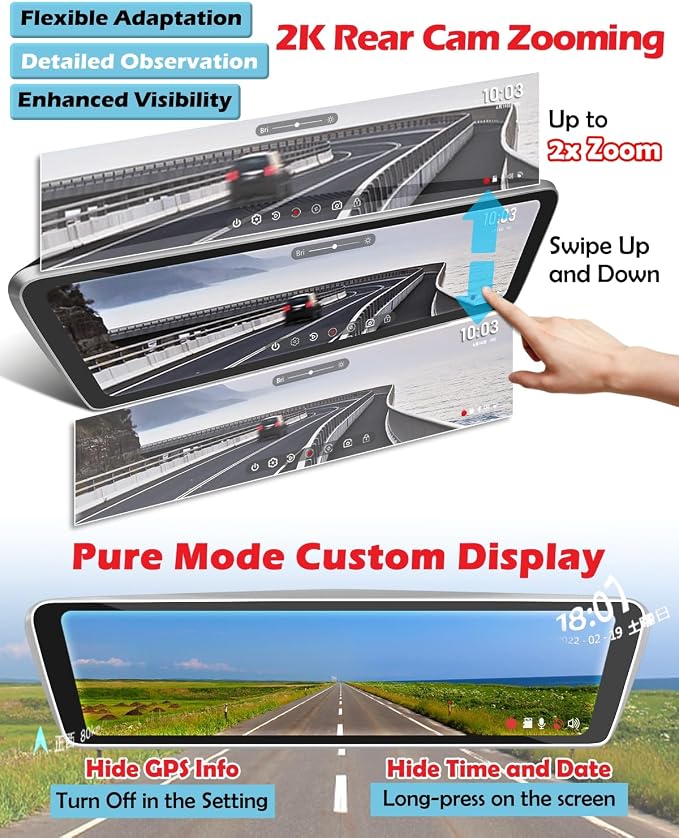 Real OEM Rear View Mirror Camera with Detached Front Lens, Mirror Dash Cam 10" Full Touch Screen for Car, 2K Zoom, IMX 307 HDR, STARVIS Night Vision, Built-in GPS, ASX II V2.0