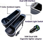 7 Color Led Car Seat Gap Organizer with 56W Fast Charger Car Console Organizer with Cup Holder Front Seat Gap Filler with USB Between Seat Cup Holder fit for Android iPhone (Black)