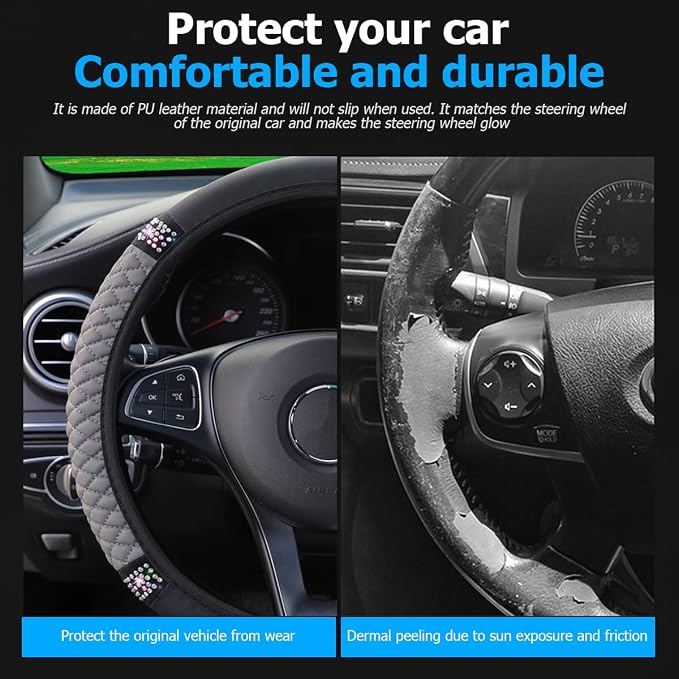 Bling Car Steering Wheel Cover, 15 Inch Rhinestones Soft Leather Elastic Steering Wheel Protector, Sparkly Crystal Diamond for Women Girls (Gray)
