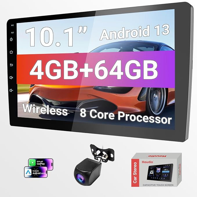 10.1 Inch Double DIN Car Stereo, Android 13 Radio with 4GB+64GB, Wireless Apple CarPlay & Android Auto, 720P Touchscreen, GPS, WiFi, Bluetooth 5.1, Backup Camera