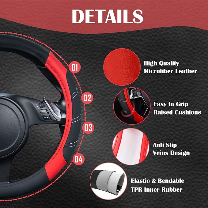 Air Mesh Leather Car Seat Covers for Front Seats, Waterproof Car Floor Mats, Sporty Steering Wheel Cover, Universal Fit for 95% Cars Truck SUV (Black and Red)
