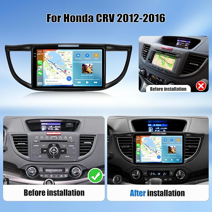 4G+128G for Honda CRV 2012-2016 Android 15 Car Stereo Radio with Wireless CarPlay Android Auto, 9”1280 * 720P IPS Touchscreen, Bluetooth5.0, GPS, WiFi, AHD Rear Camera, EQ, Split Screen, SWC