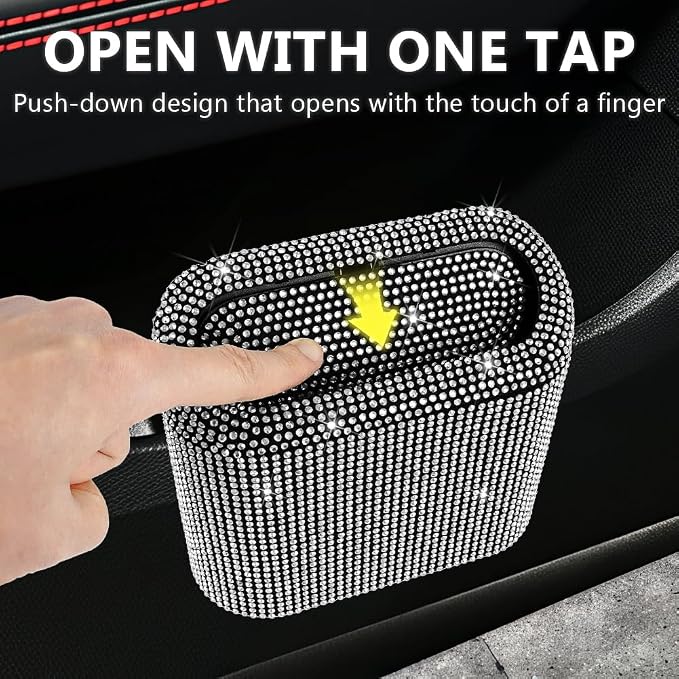 Car Trash Can with Lid, Bling Crystal Mini Vehicle Trash Bin Car Dustbin Garbage Organizer, Automotive Garbage Can Bin Trash Container for Auto Cars, Home, Office - White …
