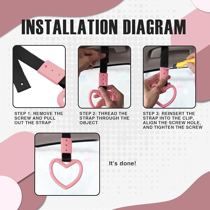 2PCS Heart Shaped Car Handle Straps, Rear Bumper Warning Keychain Ring with Drift Charm for Car Exterior Interior Accessories (Pink)