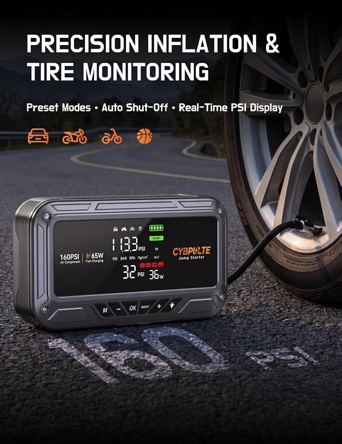 Jump Starter with Air Compressor, 8000A 160 PSI, 65W USB-C Fast Charging, Portable Car Battery Jumper for 12 Gas/14L Diesel, All-in-One Emergency Jump Box