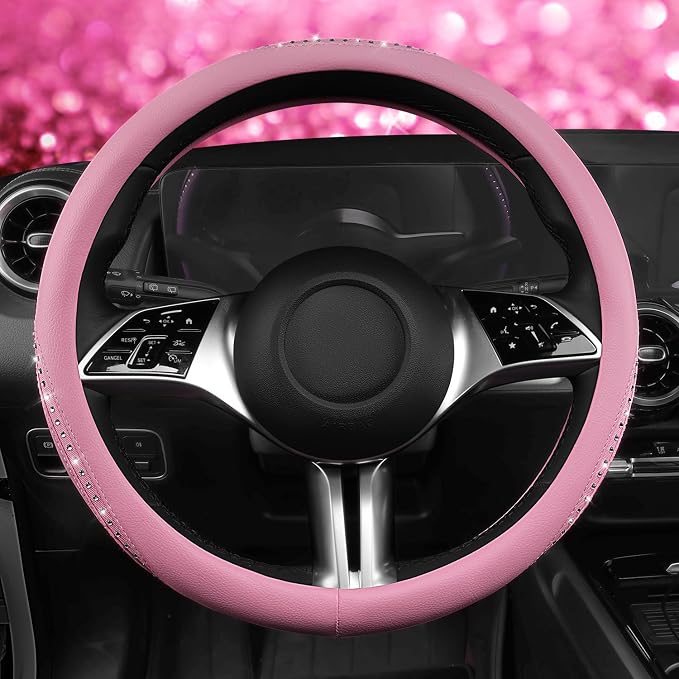 Bling Diamond Pink Leather Steering Wheel Cover, Studded Shining Rhinestones Universal Fit 14" 1/2-15" Glitter Sparkly Crystal Fit for Women Girl SUV,Vans,Sedans,Car,Trucks, Pink Diamond