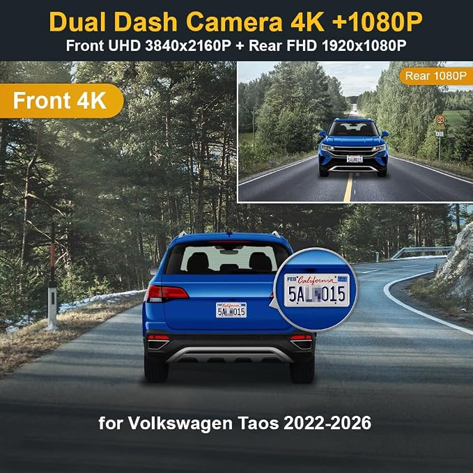 Front 2160P+Rear 1080P Dash Cam Adapts for VW Taos (HD2-D5100) 2022-2026 S SE Black SEL, Factory OEM Style, 2 Way HD Video, WiFi & APP, Loop Recording, Parking Sensor, Easy to Set, 128GB Card