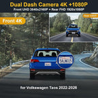 Front 2160P+Rear 1080P Dash Cam Adapts for VW Taos (HD2-D5100) 2022-2026 S SE Black SEL, Factory OEM Style, 2 Way HD Video, WiFi & APP, Loop Recording, Parking Sensor, Easy to Set, 128GB Card