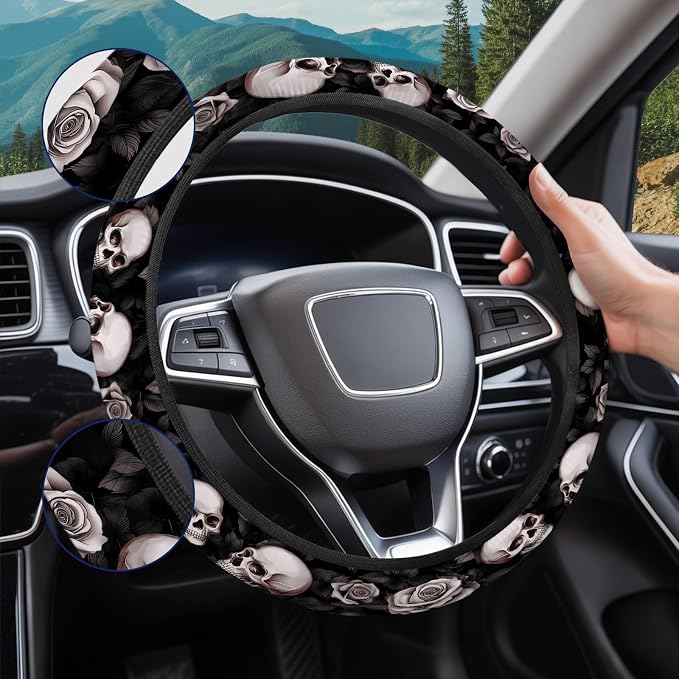 Rose Skull Steering Wheel Cover, Non Slip Polyester Car Wheel Protector for Car SUV Truck, Universal 15 Inch