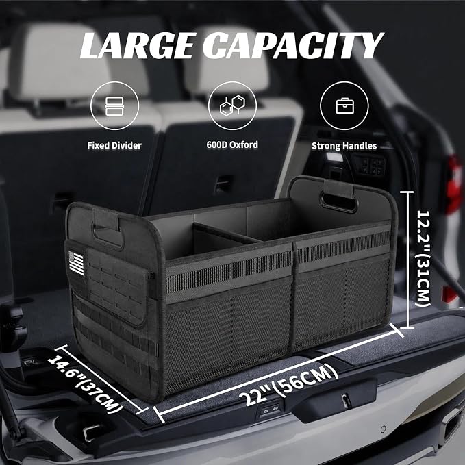 Car Trunk Organizer for SUV - 65L Collapsible Tactical MOLLE Car Storage with Reinforced Handles & Multiple Pockets, Sturdy Trunk Organizers for Groceries, Tools & Outdoor Storage (Black 2Pcs)
