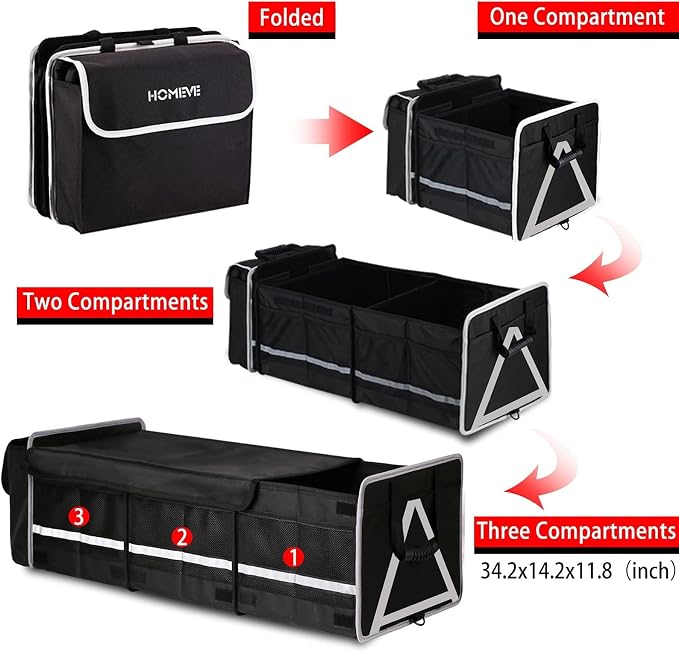 Car Trunk Organizer for SUV, 25Gal Large Capacity No-Sag Heavy Duty, Foldable Waterproof Anti-Slip Storage with 12 Pockets, Fit Sedan,Truck,Universal Car Accessories, Black, 3 Compart, Large