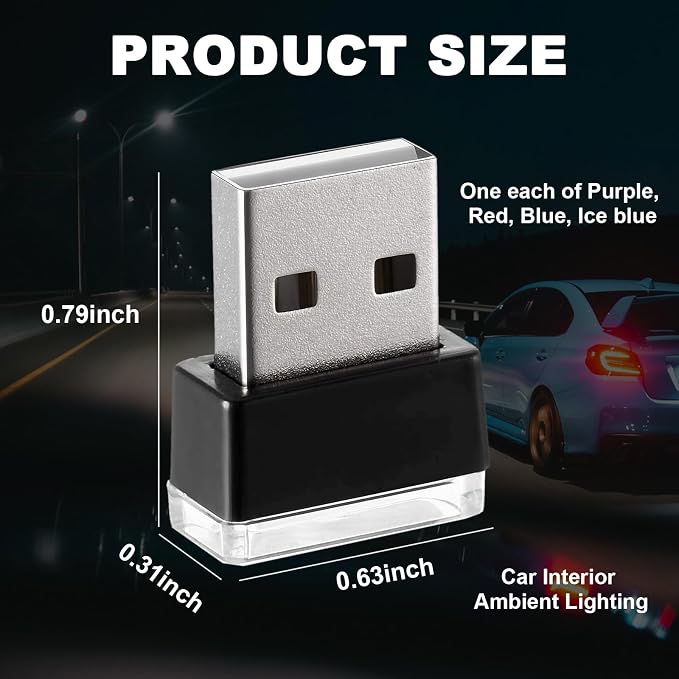 4 PCS USB LED Car Interior Atmosphere Lamp, Portable Mini LED Night Light, Plug-in USB Interface Trunk Ambient Lighting Kit, Universal Interior Accessories (Blue+Red+Ice Blue+Purple)