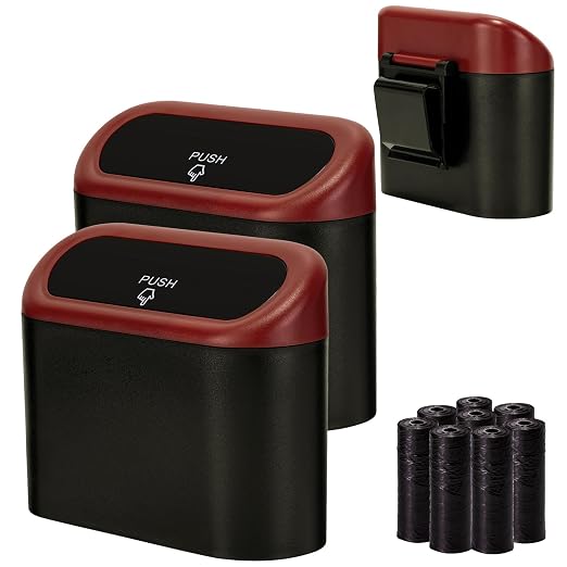Mini Car Trash Can with Lid, Small Car Garbage Can, Cute Leakproof ABS Car Trash Bin, Car Accessories for Interior, Garbage Bin for Car, Home, Office with 120pcs Trash Bags Black/Red