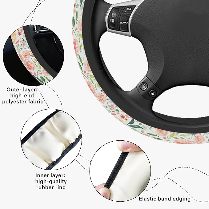 Colorful Flowers Steering Wheel Cover, Cute Printing Steering Wheel Cover Protector for Women, Ultra-Thin with Personalized Pattern Design, for Steering Wheel with a Diameter of 14.5"-15"